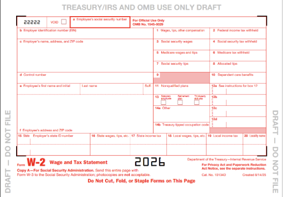 Example photo of the new 2026 W-2 form.
